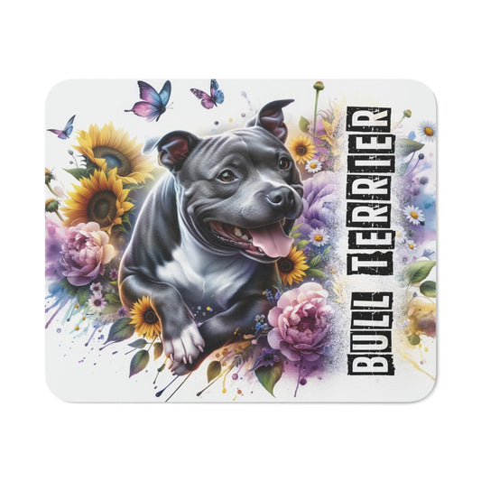 Tapis de Souris Bull Terrier avec Fleurs Colorées Illustration Joyeuse avec Papillons et Ambiance Pastel