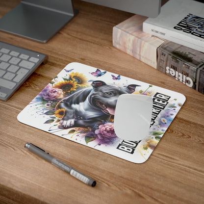 Tapis de Souris Bull Terrier avec Fleurs Colorées Illustration Joyeuse avec Papillons et Ambiance Pastel