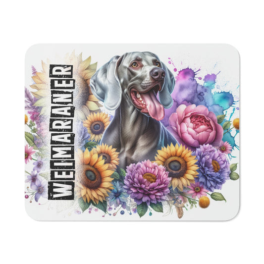 Tapis de Souris Weimaraner Artistique Chien Gris au Milieu de Fleurs Colorées et Fond Aquarelle