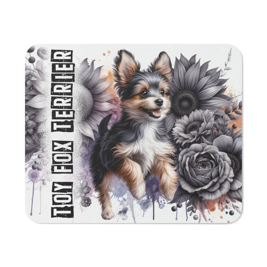 Tapis de Souris Toy Fox Terrier Artistique  Petit Chien Joyeux au Milieu de Fleurs Noir & Blanc