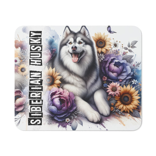 Tapis de Souris Siberian Husky avec Fleurs Illustration Artistique de Chien Nordique Majestueux