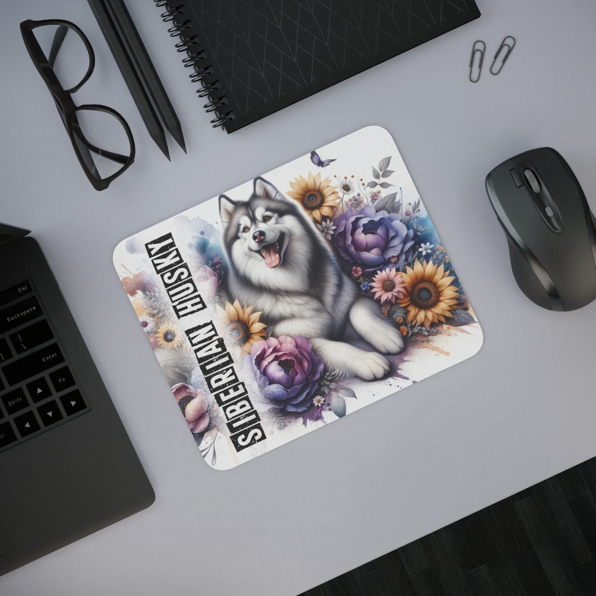 Tapis de Souris Siberian Husky avec Fleurs Illustration Artistique de Chien Nordique Majestueux