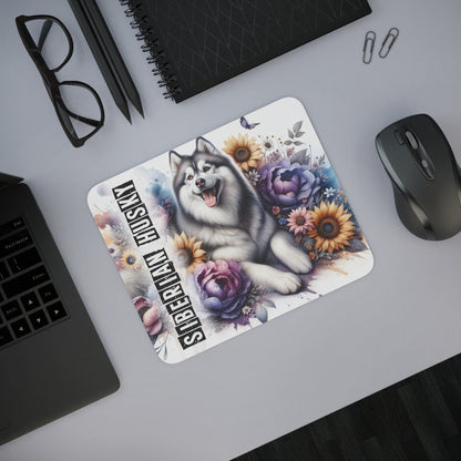Tapis de Souris Siberian Husky avec Fleurs Illustration Artistique de Chien Nordique Majestueux