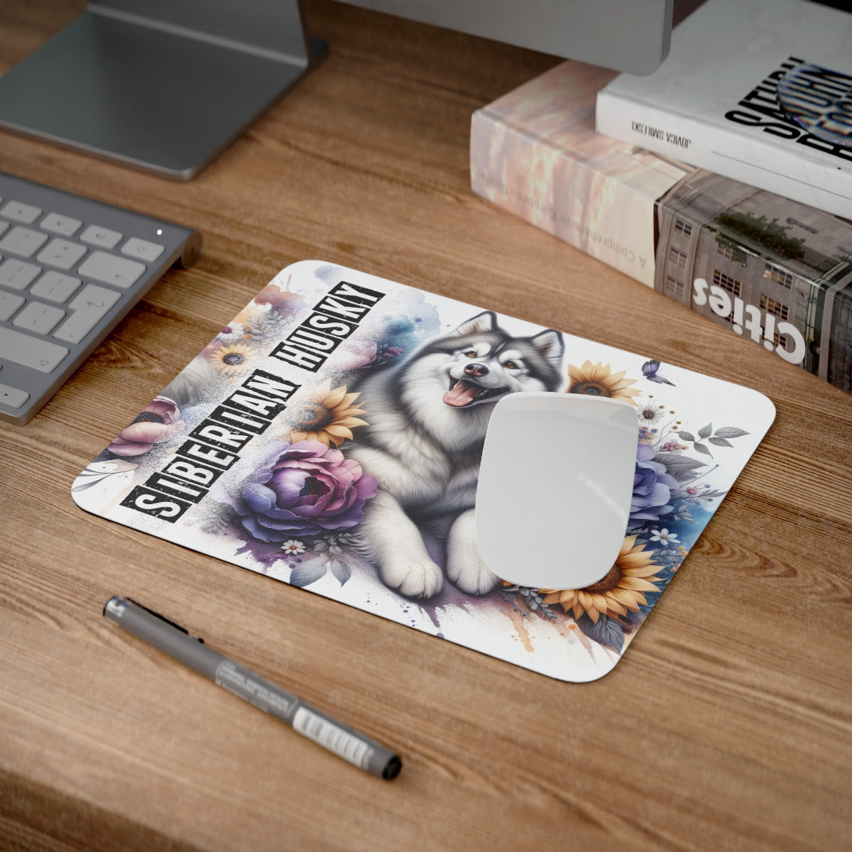 Tapis de Souris Siberian Husky avec Fleurs Illustration Artistique de Chien Nordique Majestueux