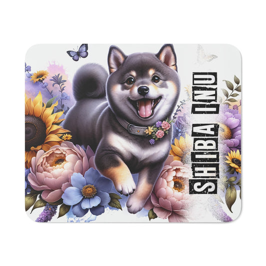Tapis de Souris Shiba Inu Artistique  Petit Chien Japonais Joyeux avec Fleurs Colorées