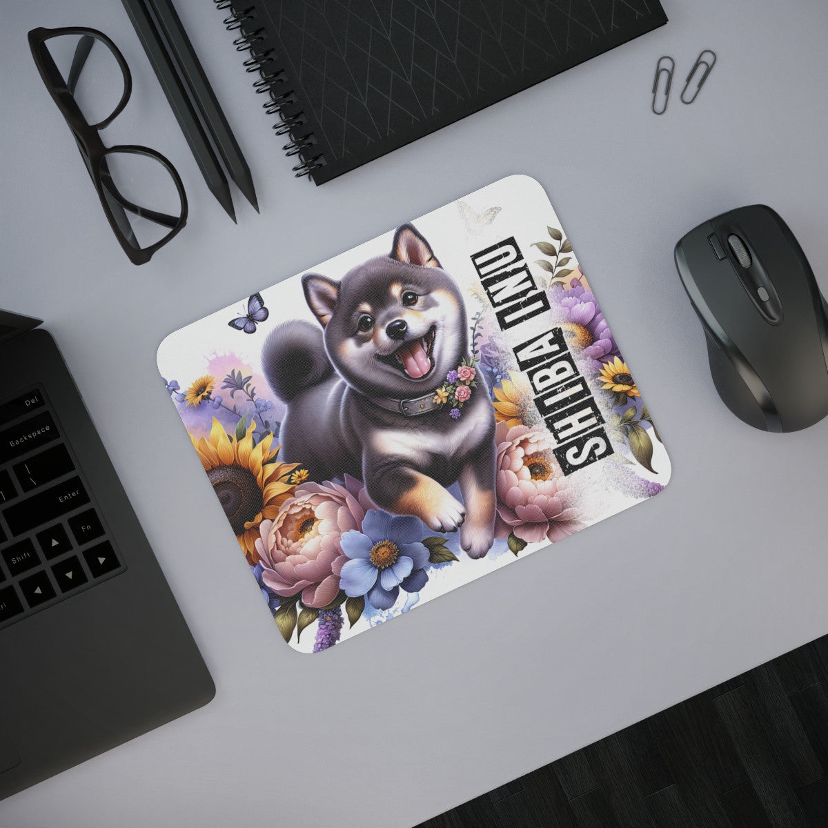 Tapis de Souris Shiba Inu Artistique  Petit Chien Japonais Joyeux avec Fleurs Colorées
