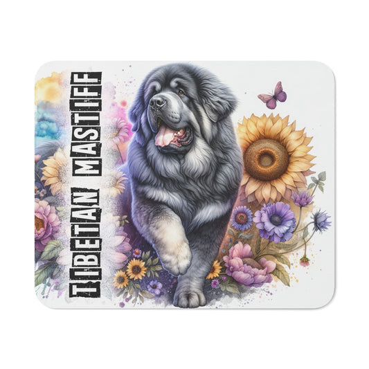 Tapis de Souris Tibetan Mastiff Artistique  Chien Majestueux avec Fleurs et Papillon