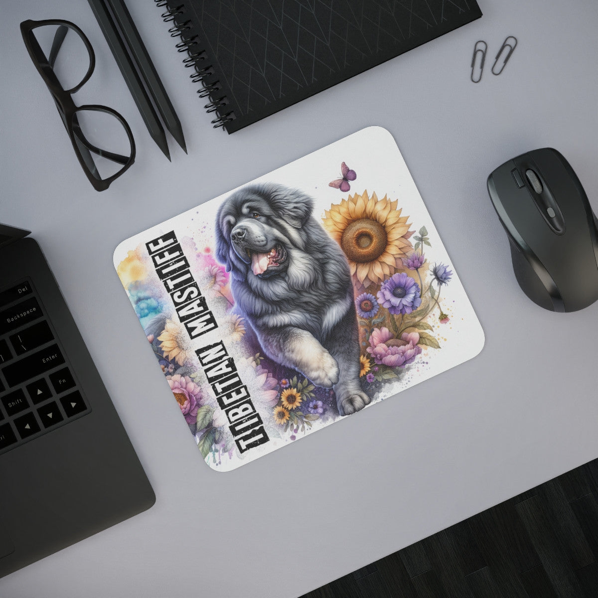Tapis de Souris Tibetan Mastiff Artistique  Chien Majestueux avec Fleurs et Papillon