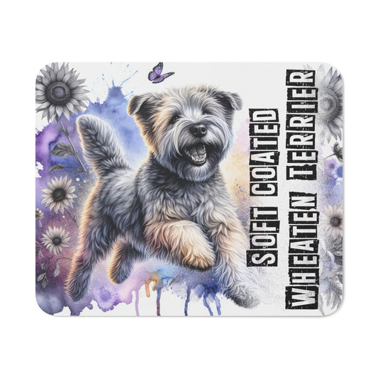 Tapis de Souris Soft Coated Wheaten Terrier Illustration Joyeuse de Chien Bondissant avec Fleurs Artistiques