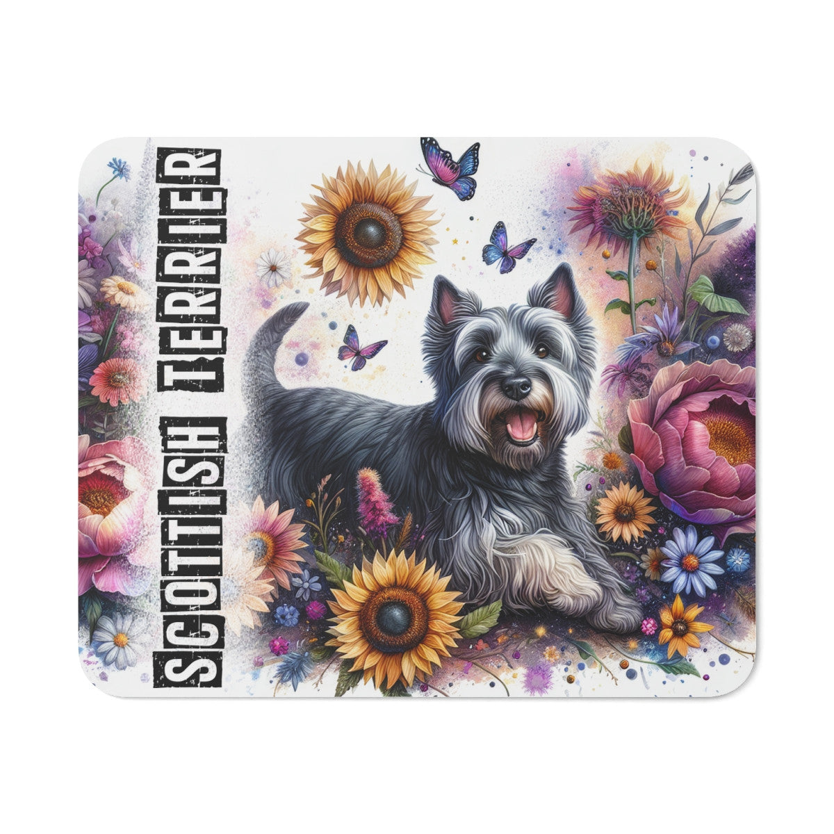 Tapis de Souris Scottish Terrier Artistique  Petit Chien Noir dans un Champ de Fleurs Colorées avec Papillons