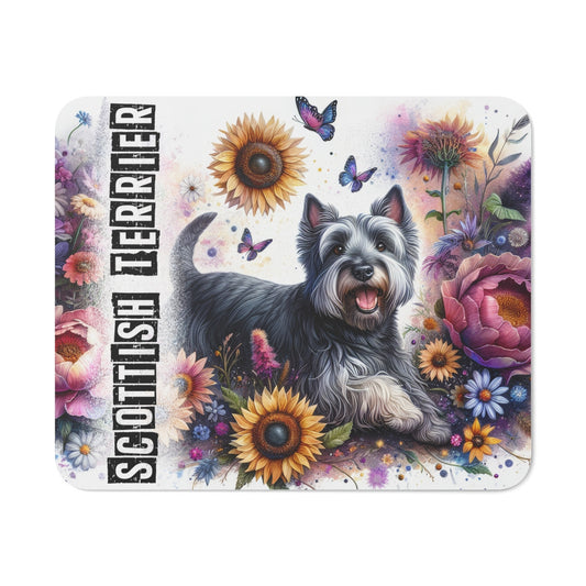 Tapis de Souris Scottish Terrier Artistique  Petit Chien Noir dans un Champ de Fleurs Colorées avec Papillons