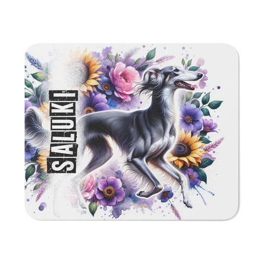 Tapis de Souris Saluki Artistique avec Fleurs Colorées  Lévrier Élégant Illustré sur Fond Floral Pastel
