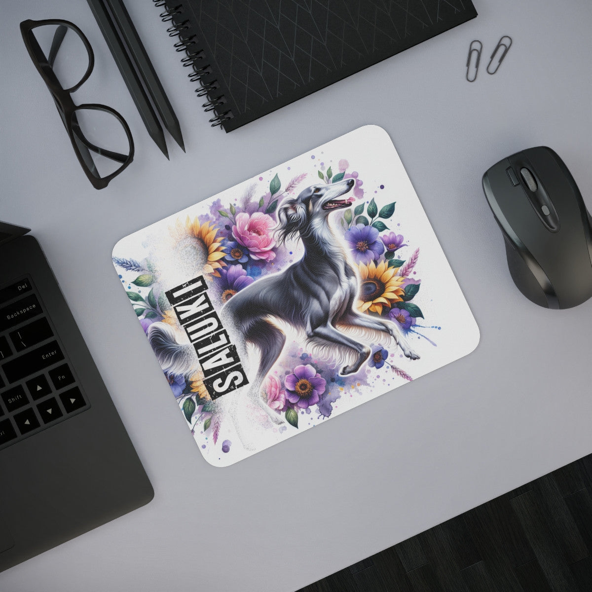 Tapis de Souris Saluki Artistique avec Fleurs Colorées  Lévrier Élégant Illustré sur Fond Floral Pastel
