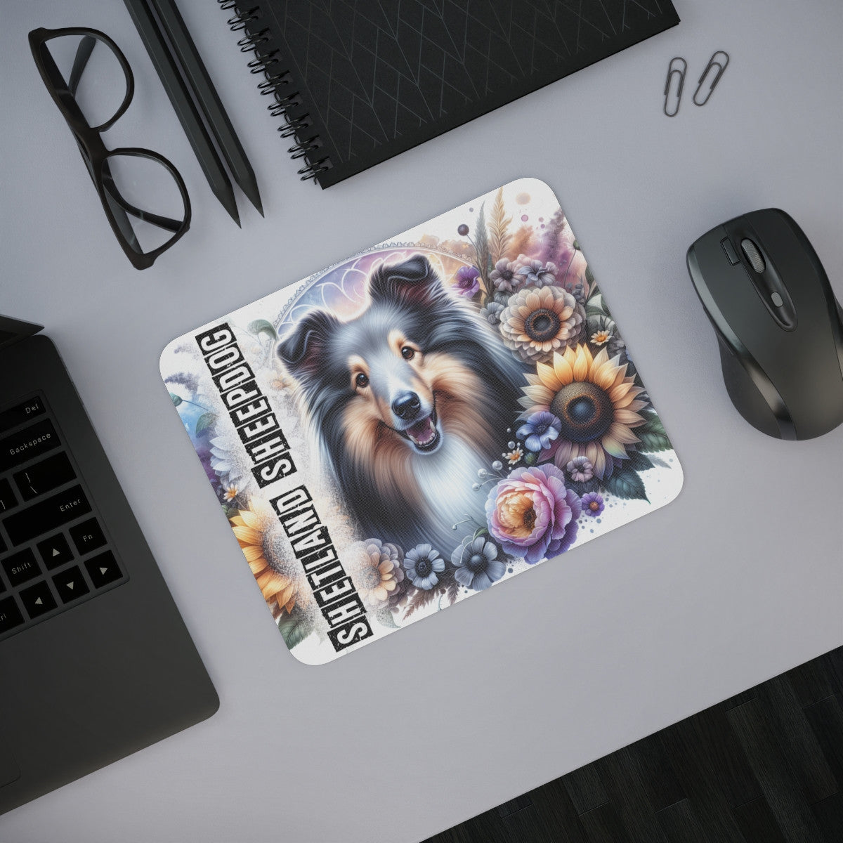 Tapis de Souris Shetland Sheepdog Artistique Chien Berger Élégant avec Fleurs Champêtres