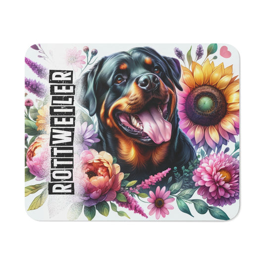 Tapis de Souris Rottweiler Artistique avec Fleurs Chien Noir & Feu Joyeux Illustré sur Fond Floral Coloré