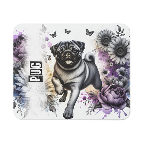 Tapis de Souris Pug (Carlin) Artistique – Petit Chien Marrant Illustré avec Fleurs Noires & Violettes
