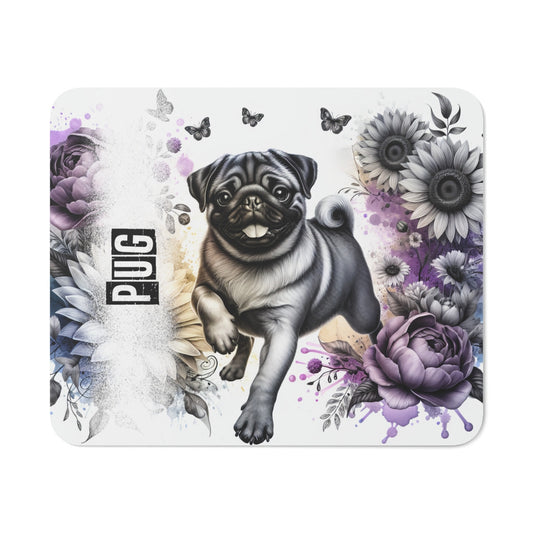 Tapis de Souris Pug (Carlin) Artistique – Petit Chien Marrant Illustré avec Fleurs Noires & Violettes