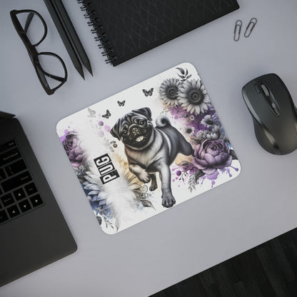 Tapis de Souris Pug (Carlin) Artistique – Petit Chien Marrant Illustré avec Fleurs Noires & Violettes