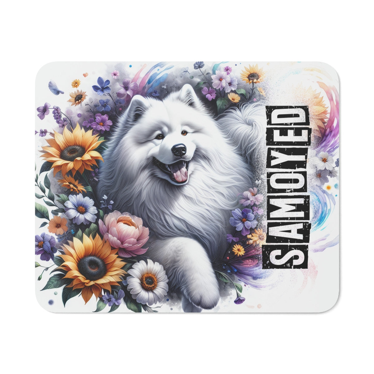 Tapis de Souris Samoyède Mignon et Artistique Chien Blanc Sourire Légendaire dans un Décor Floral