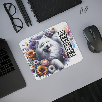 Tapis de Souris Samoyède Mignon et Artistique Chien Blanc Sourire Légendaire dans un Décor Floral