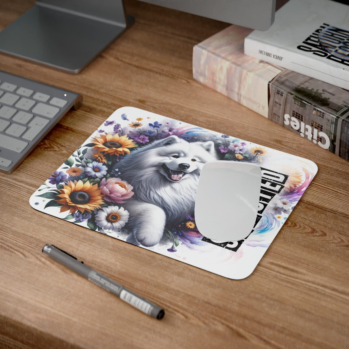 Tapis de Souris Samoyède Mignon et Artistique Chien Blanc Sourire Légendaire dans un Décor Floral