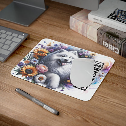 Tapis de Souris Samoyède Mignon et Artistique Chien Blanc Sourire Légendaire dans un Décor Floral
