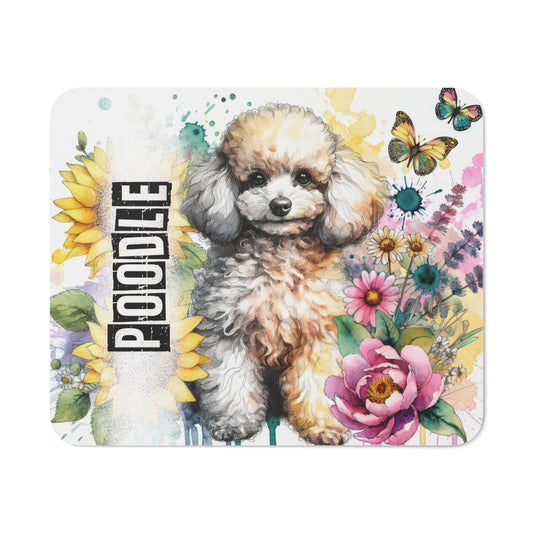 Tapis de Souris Poodle Artistique avec Fleurs et Aquarelle Petit Chien Bouclé Illustré avec Papillon