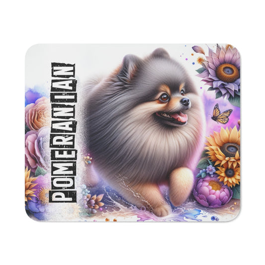 Tapis de Souris Pomeranian Artistique petit Chien Fluffy avec Fleurs et Papillon
