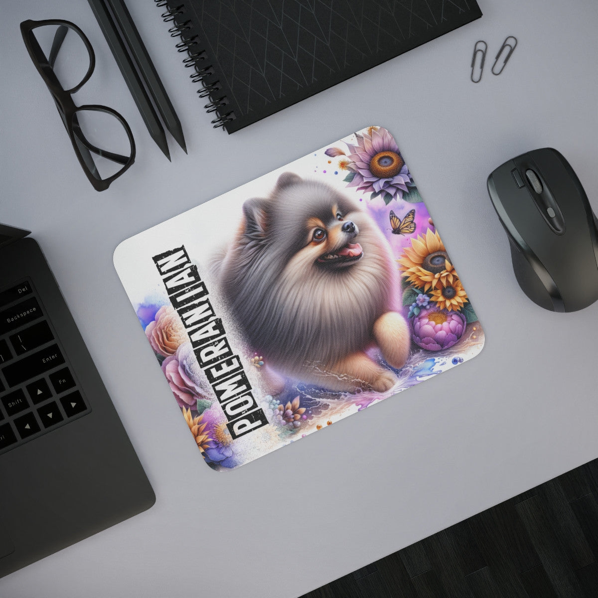 Tapis de Souris Pomeranian Artistique petit Chien Fluffy avec Fleurs et Papillon