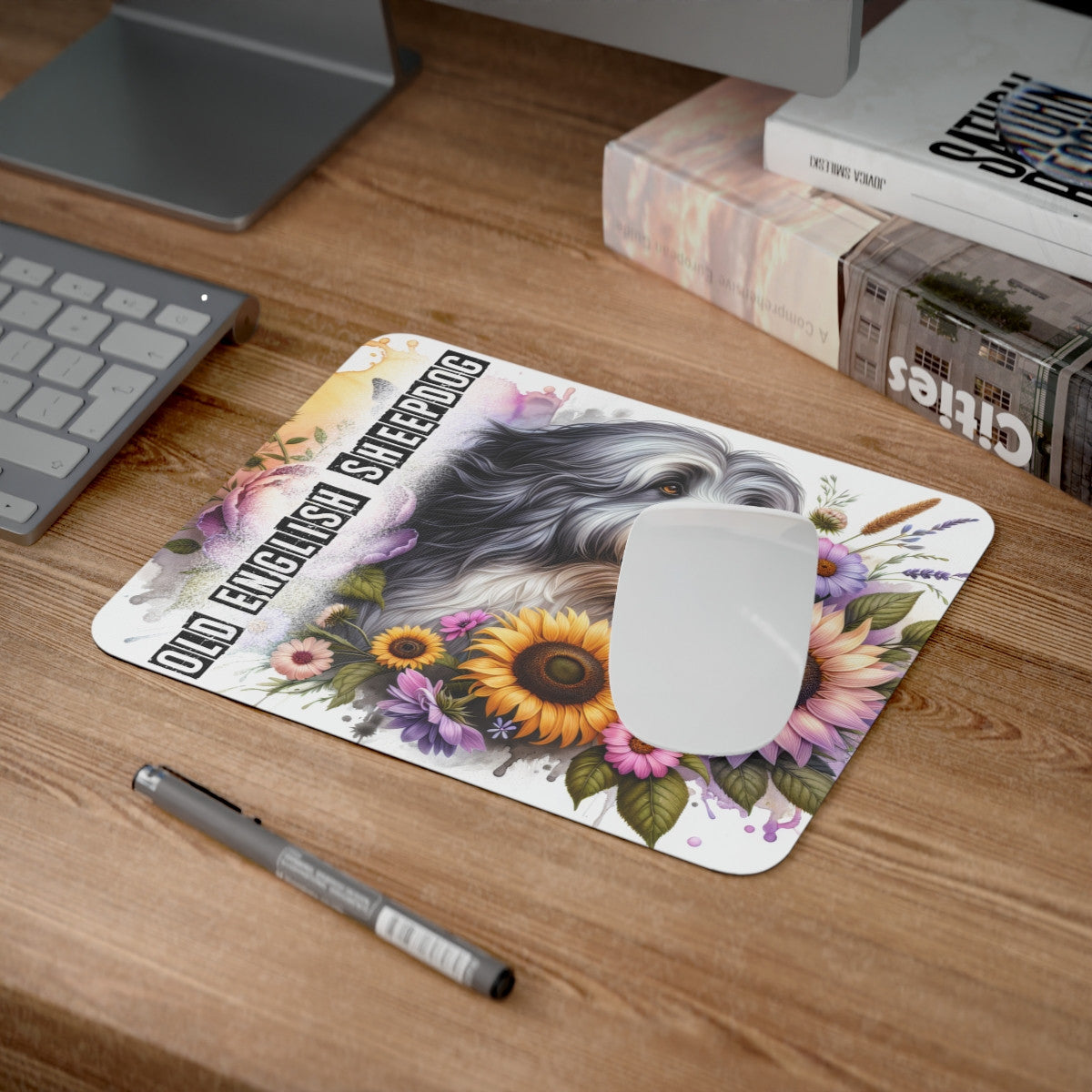 Tapis de Souris Old English Sheepdog Illustré avec Fleurs  Chien Anglais Doux et Poilu dans Décor Pastoral