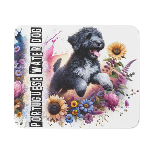 Tapis de Souris Portuguese Water Dog avec Fleurs – Chien Sportif Noir et Blanc Illustré Style Aquarelle