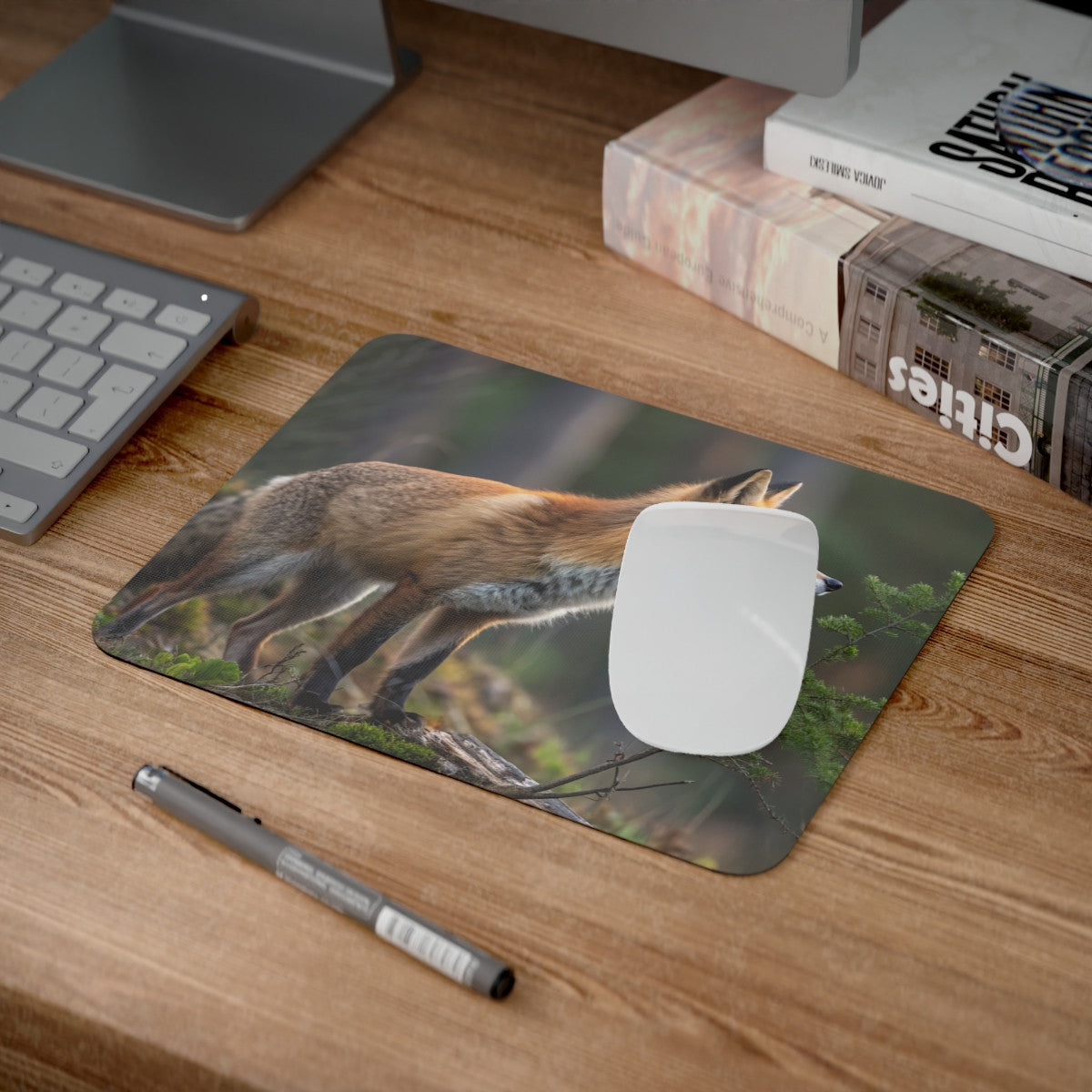 Tapis de Souris Renard Roux en Forêt  Illustration Photo Réaliste d’Animal Sauvage dans Nature Calme