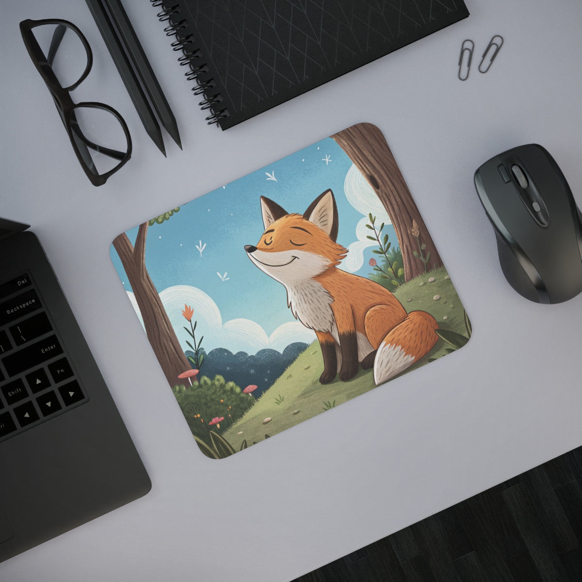 Tapis de Souris Renard Dessin Animé  Animal Mignon dans Forêt Enchantée