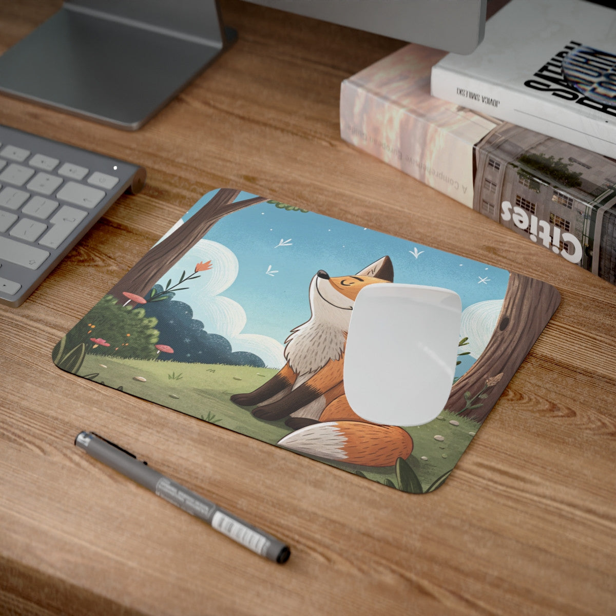 Tapis de Souris Renard Dessin Animé  Animal Mignon dans Forêt Enchantée