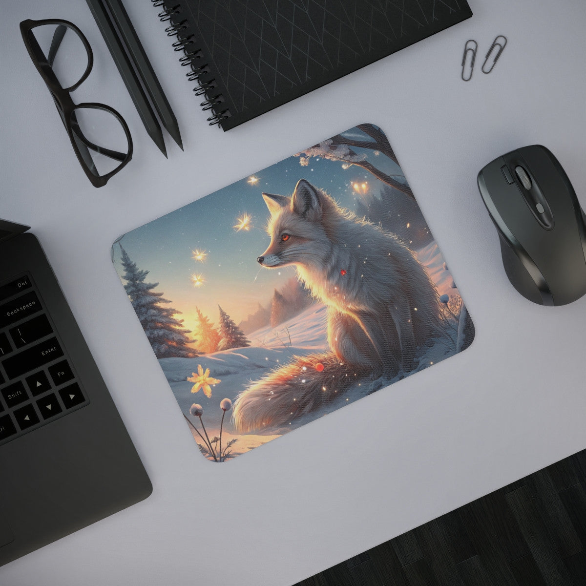 Tapis de Souris Renard Hivernal Féérique Animal Magique dans Paysage Neigeux au Crépuscule