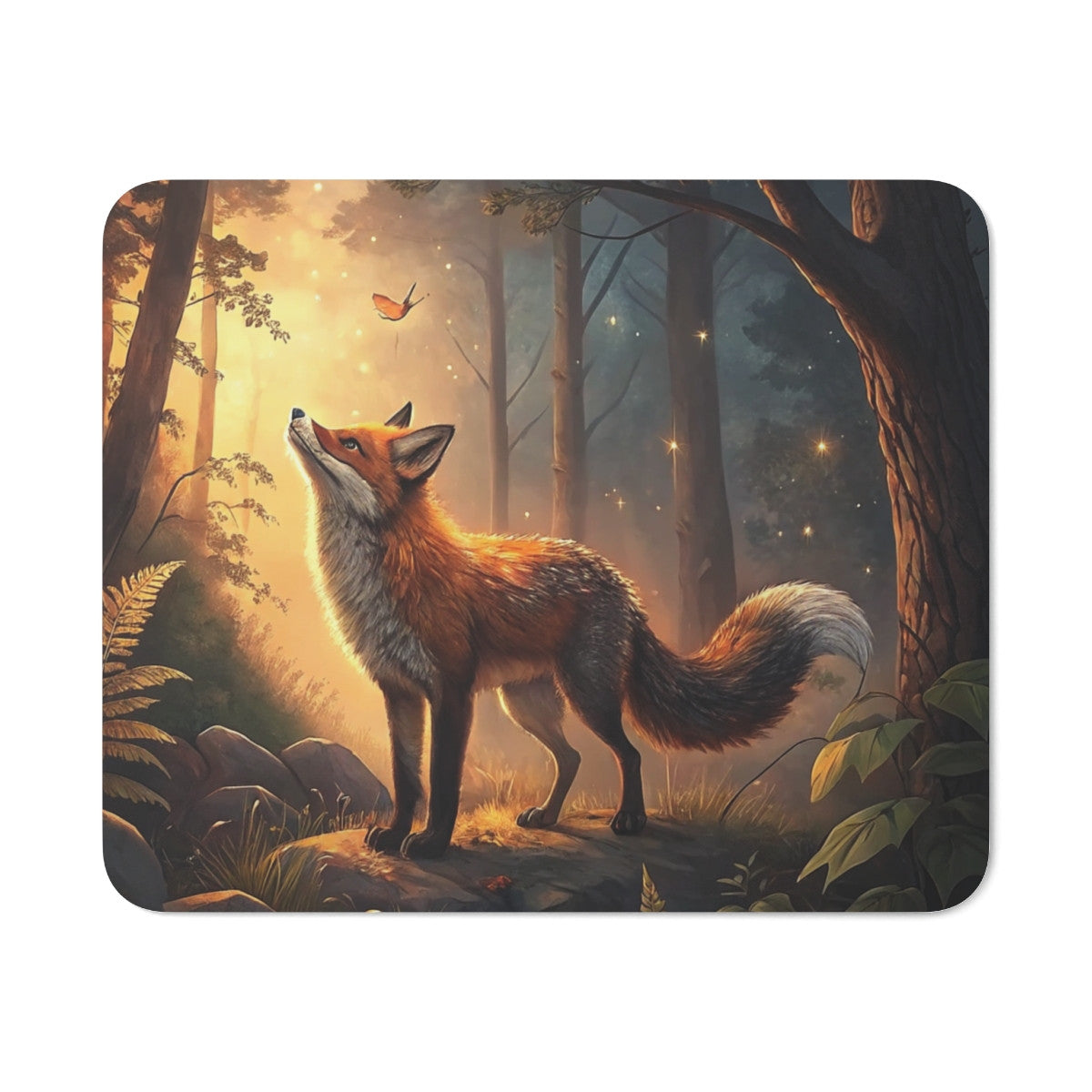 Tapis de Souris Renard Magique en Forêt d’Automne – Illustration Poétique avec Feuilles et Lumières Dorées