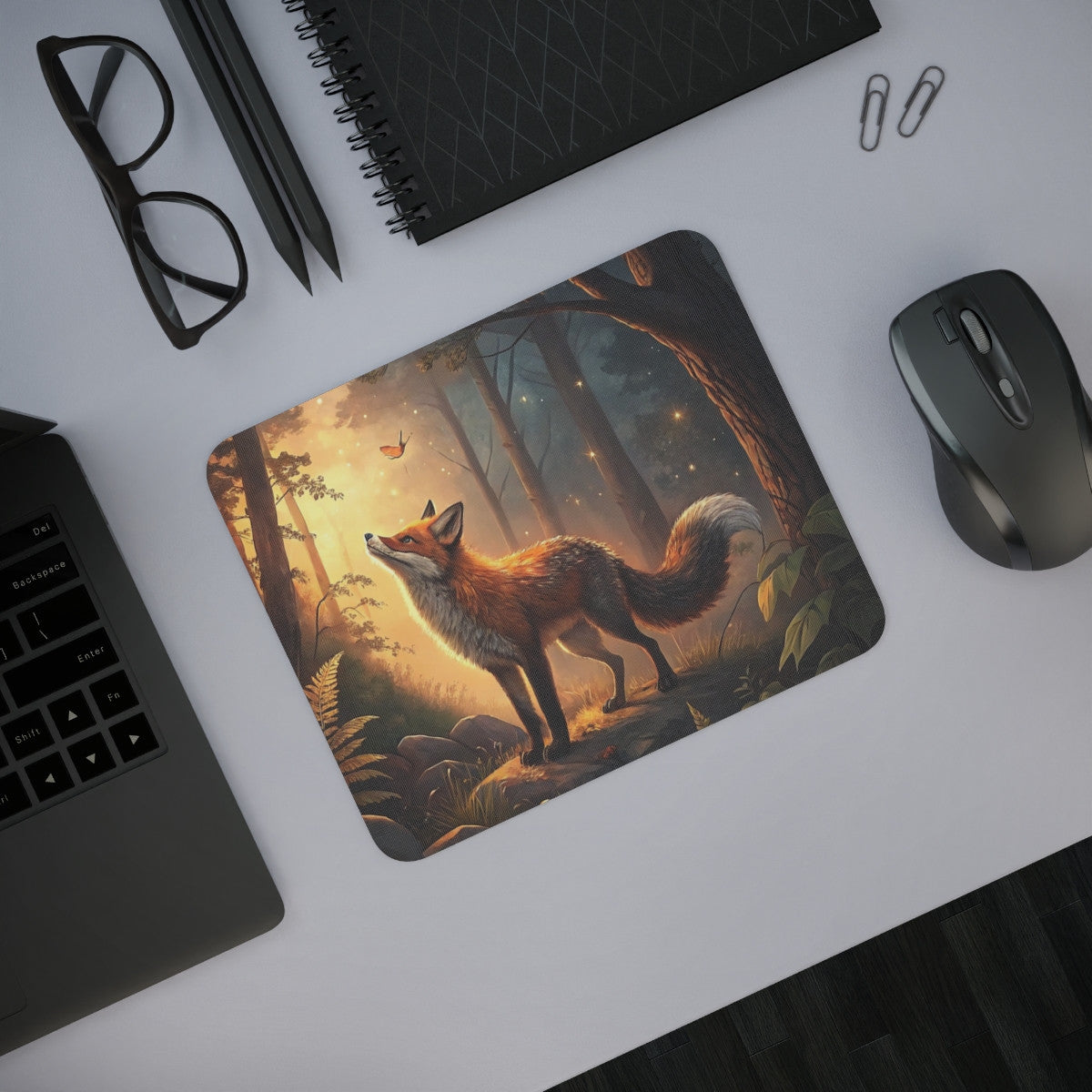 Tapis de Souris Renard Magique en Forêt d’Automne – Illustration Poétique avec Feuilles et Lumières Dorées