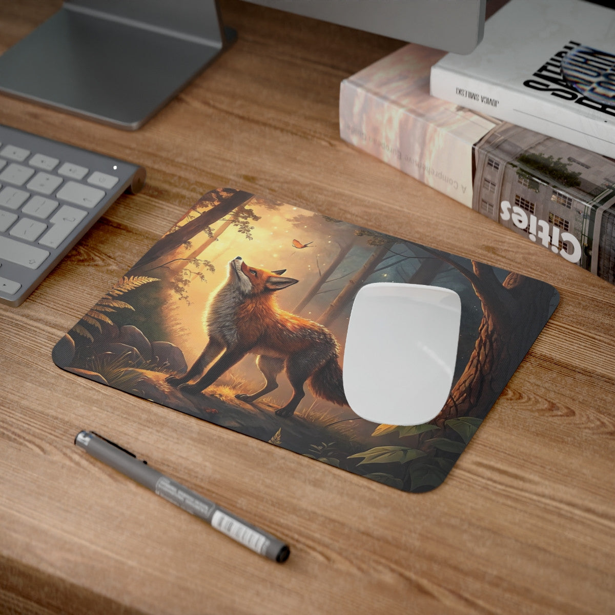Tapis de Souris Renard Magique en Forêt d’Automne – Illustration Poétique avec Feuilles et Lumières Dorées