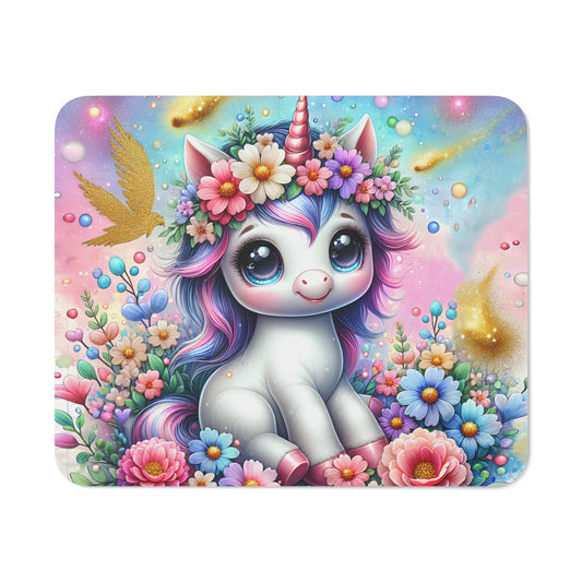 Tapis de Souris Licorne Kawaii Magique  Design Pastel Arc-en-Ciel avec Fleurs et Paillettes