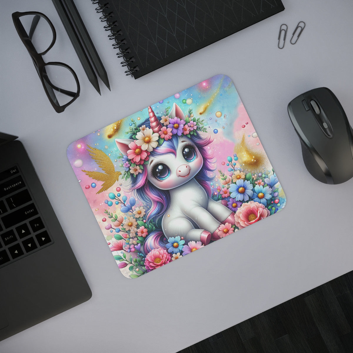 Tapis de Souris Licorne Kawaii Magique  Design Pastel Arc-en-Ciel avec Fleurs et Paillettes