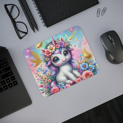 Tapis de Souris Licorne Kawaii Magique  Design Pastel Arc-en-Ciel avec Fleurs et Paillettes