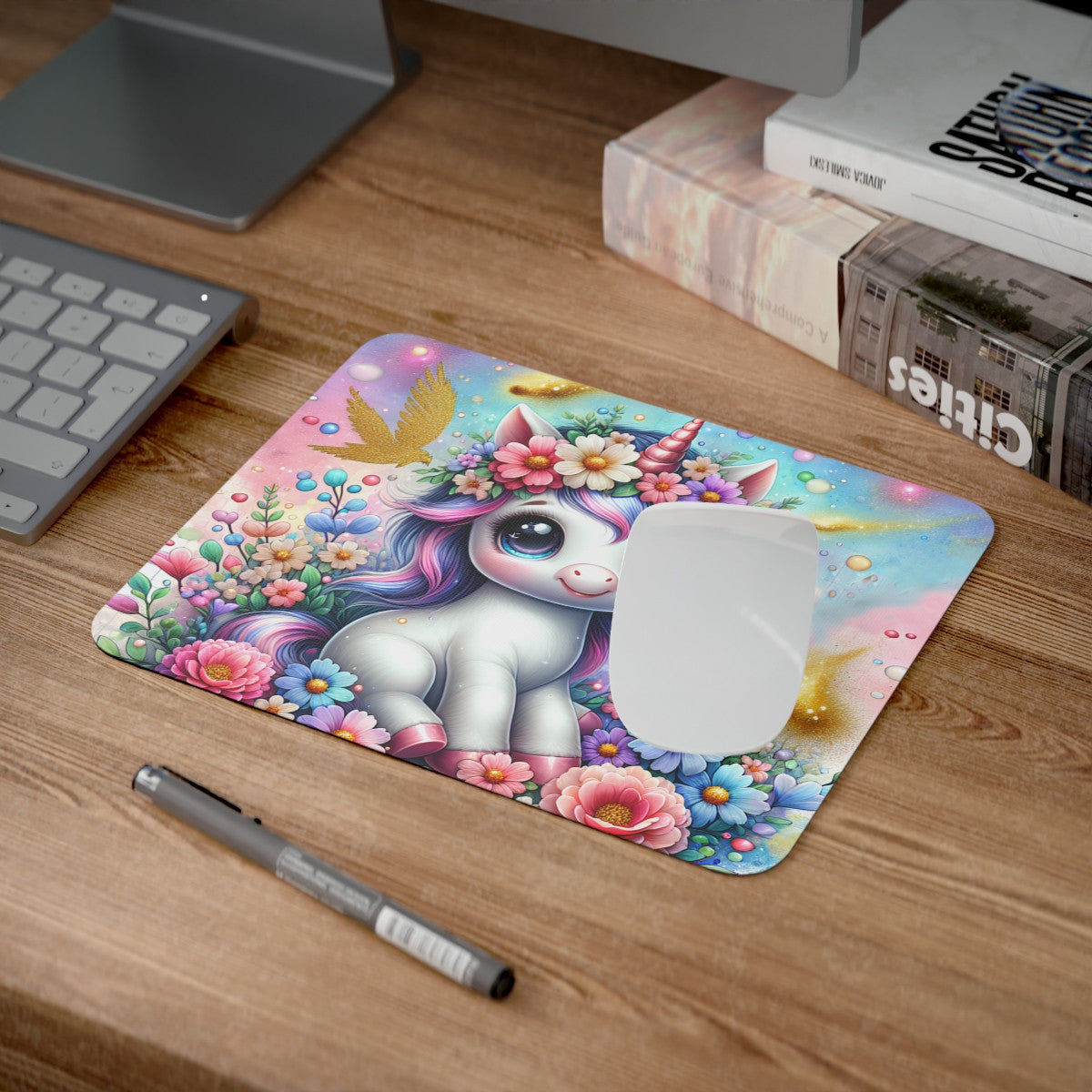 Tapis de Souris Licorne Kawaii Magique  Design Pastel Arc-en-Ciel avec Fleurs et Paillettes