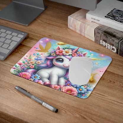 Tapis de Souris Licorne Kawaii Magique  Design Pastel Arc-en-Ciel avec Fleurs et Paillettes