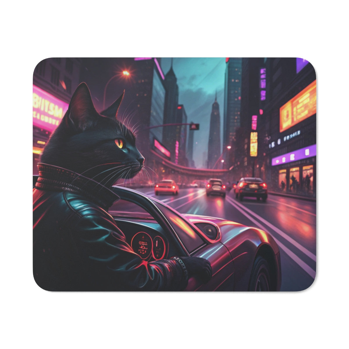 Tapis de Souris Chat Noir Cyberpunk – Chat Cool en Blouson de Cuir au Volant, Ambiance Néon Ville Futuriste