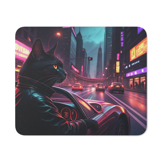 Tapis de Souris Chat Noir Cyberpunk – Chat Cool en Blouson de Cuir au Volant, Ambiance Néon Ville Futuriste
