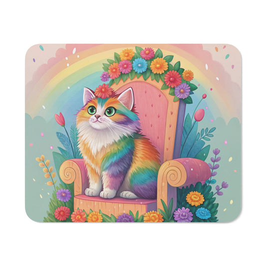 Tapis de Souris Chat Arc-en-Ciel Mignon – Chaton Coloré sur Trône Fleuri et Arc-en-Ciel