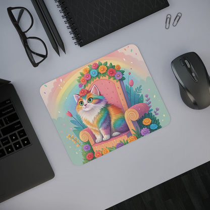 Tapis de Souris Chat Arc-en-Ciel Mignon – Chaton Coloré sur Trône Fleuri et Arc-en-Ciel