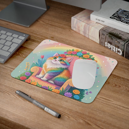 Tapis de Souris Chat Arc-en-Ciel Mignon – Chaton Coloré sur Trône Fleuri et Arc-en-Ciel