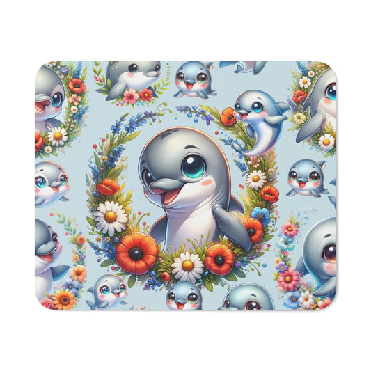 Tapis de Souris Dauphin Mignon Design Kawaii avec Bébé Dauphins et Fleurs