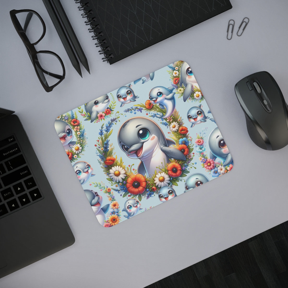 Tapis de Souris Dauphin Mignon Design Kawaii avec Bébé Dauphins et Fleurs